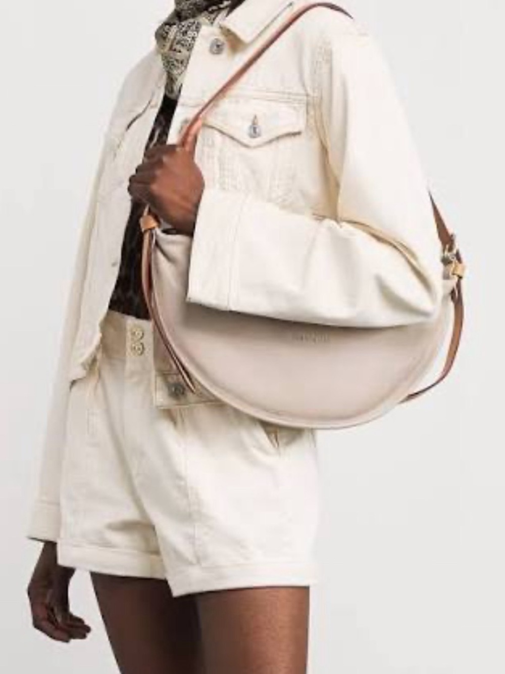 White Crescent Shoulder Bag with Tan Strap